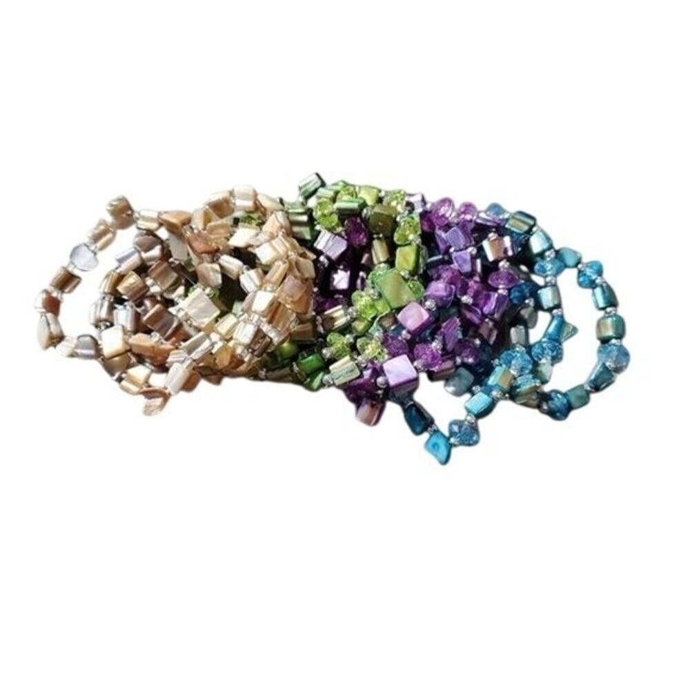 Mother of Pearl Shell Stretch Bracelets Iridescent Blue Green Purple Tan Bundle